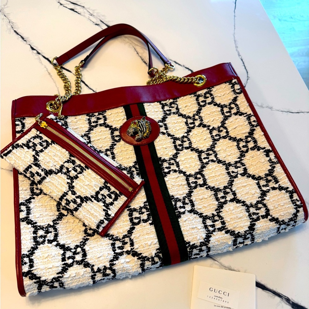 Gucci Rajah Tweed tote with pouch. Pristine unused condition